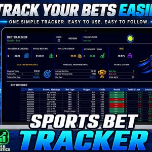 Può includere: Un tracker digitale per scommesse sportive visualizzato su uno schermo di un portatile, con colonne per data, evento, tipo di scommessa, puntata, quote, risultato, profitto o perdita e rendimento totale. Include sezioni per statistiche.