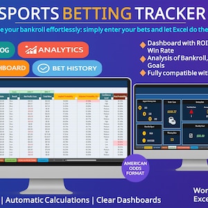 Puede incluir: Una pantalla de ordenador muestra un rastreador de apuestas deportivas con el texto "SPORTS BETTING TRACKER". La interfaz incluye opciones para el registro de depósitos, análisis, panel y historial de apuestas. El panel muestra el ROI, las ganancias/pérdidas y la tasa de ganancias. Compatible con Excel.
