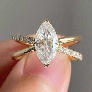 Marquise Moissanite Engagement Ring, Split Shank Criss Cross Ring, Floating Solitaire