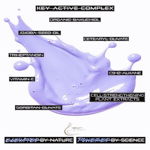 May include: A splash of light purple liquid against a white background, with text labels identifying key ingredients such as Jojoba Seed Oil and Vitamin E. The text "KEY ACTIVE COMPLEX" is at the top, with "ELEVATED BY NATURE POWERED BY SCIENCE" at the bottom.