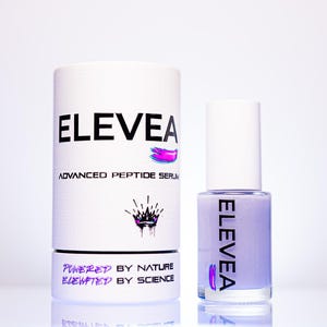 May include: A white cylindrical container and a small bottle of nail polish. The container has the word "ELEVEA" in black, with "ADVANCED PEPTIDE SERUM" below it. The bottle of nail polish is light purple with the word "ELEVEA" on it.
