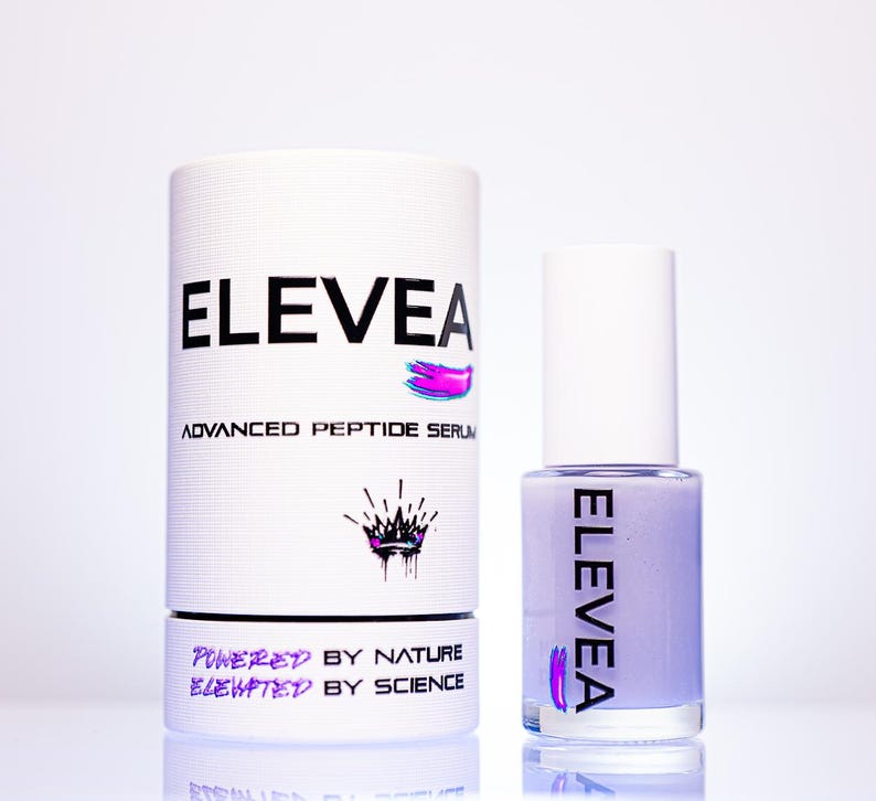 May include: A white cylindrical container and a small bottle of nail polish. The container has the word "ELEVEA" in black, with "ADVANCED PEPTIDE SERUM" below it. The bottle of nail polish is light purple with the word "ELEVEA" on it.