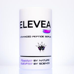 May include: White cylindrical product container with the word "ELEVEA" in large black letters. Below, it reads "ADVANCED PEPTIDE SERUM." A crown graphic is below the text. The bottom section reads "POWERED BY NATURE ELEVATED BY SCIENCE."