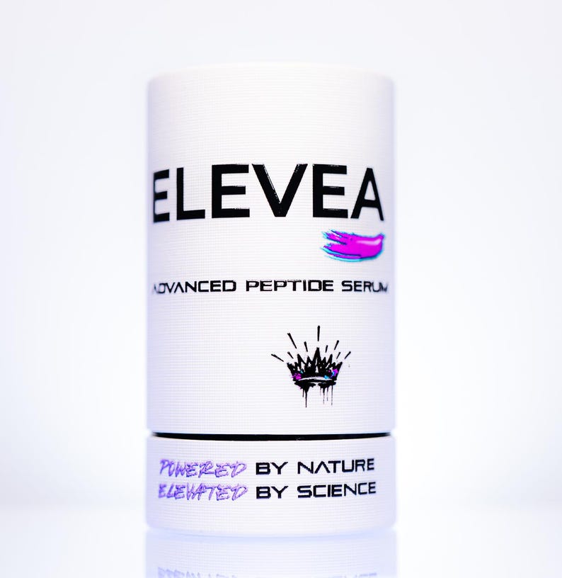 May include: White cylindrical product container with the word "ELEVEA" in large black letters. Below, it reads "ADVANCED PEPTIDE SERUM." A crown graphic is below the text. The bottom section reads "POWERED BY NATURE ELEVATED BY SCIENCE."