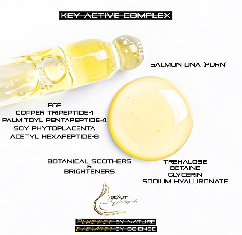 May include: A close-up of a clear glass dropper with a yellow liquid and a large droplet. The image includes text listing key active ingredients: Salmon DNA, EGF, Copper Tripeptide-1, and more. The words "Beauty Undoppable" are also visible.