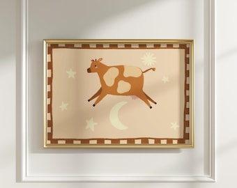 Cow Jumps Over Moon Print: Nursery Wall Art (Digital Download) Horizontal Print