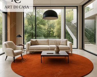 Handmade Burnt Orange Wool Round Rug - Modern Tufted Carpet