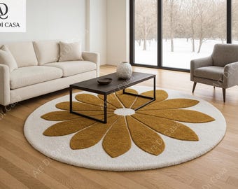 Handmade Sunflower Area Rug: Yellow White Floral, High Low Texture, Wool Blend