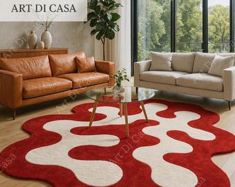 Red & Cream Wavy Abstract Rug – Modern Curvy Statement Carpet for Living Room