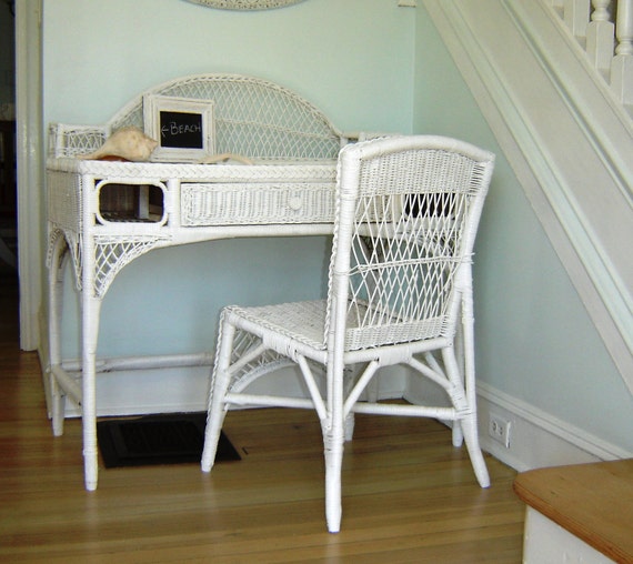 Vintage White Wicker Desk & Chair or Vanity Etsy