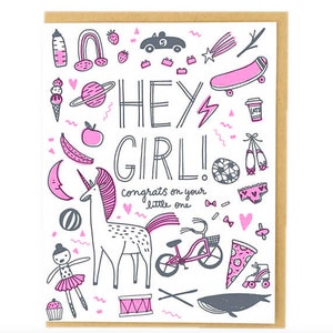 Salut ma fille ! Félicitations pour votre petit. Carte de voeux pour nouveau bébé - Girly Things - New Baby - Hello World, petite fille, licorne, vélo, ballet