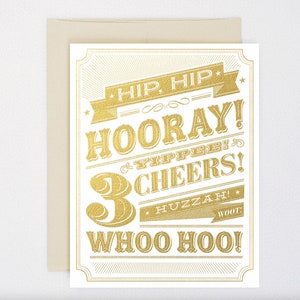 GOLD Hüfte Hüfte Hooray, Yippie, Prost!, Huzzah! Juhu! Geprägte Glückwunsch-Grußkarte - Prüfung bestanden, Führerschein, neues Zuhause