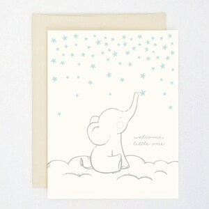 Willkommen Kleines - SILBERNER Baby Elefant und blaue Sterne - Neue Baby Karte, neue Ankunft, Hallo Welt