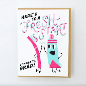 NEON: hier is een nieuwe start: gefeliciteerd Grad! Tandpasta woordspeling - gefeliciteerd kaart - geslaagd voor examens, school verlaten, universiteit, universiteit