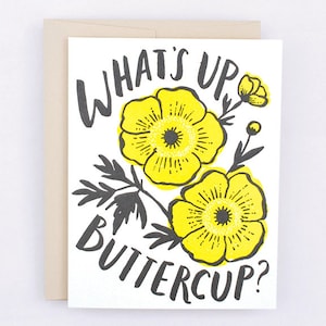 Néon Quoi de neuf renoncule ? Carte de jeu de mots fleurs d'amitié - amour et amitié - vous allez bien ? Bonjour, Carte d'arrivée, Tristesse, Moments difficiles
