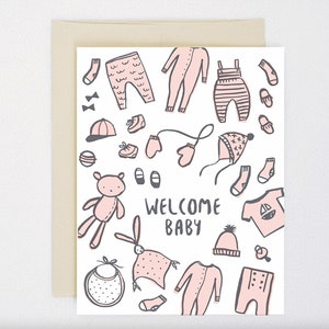 Bienvenido bebé - Cosas para bebés - Tarjeta de felicitación para recién nacidos - Hola mundo, niña, niño, género neutro, mono de bebé, osito de peluche, babero de bebé, manoplas