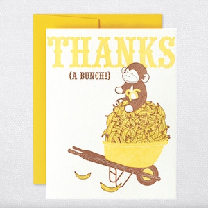 Thanks a Bunch - Greetings Card - Bunch of bananas pun - Monkey Eating Bananas  - Blank inside