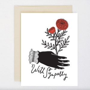 Avec carte de sympathie - main tenant des fleurs rouges - désolé pour votre perte - deuil moments difficiles et encouragement carte de voeux