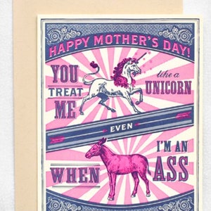 Tu me traites comme une licorne - même quand je suis un âne - bonne fête des mères - jeu de mots animal - carte humour drôle, amoureux des chevaux, fan de licorne