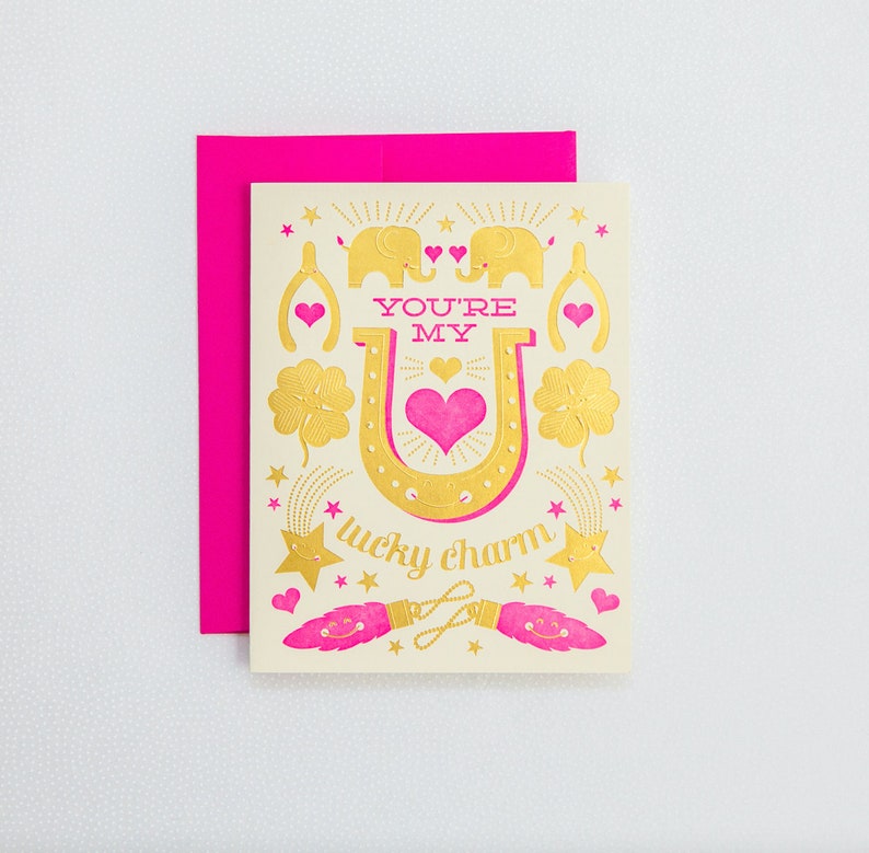 You're my Lucky Charm - Gold and neon pink Love and Valentines Pun Card