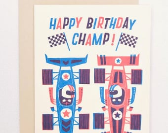 Happy Birthday Champ! Race Car Birthday Pun Card