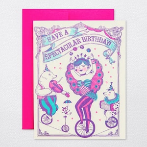 Passez un anniversaire spectaculaire ! Jeu de mots de cirque - Carte d'anniversaire vibrante néon