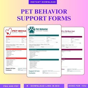 Può includere: Tre moduli digitali di supporto al comportamento degli animali domestici con schemi di colore rosso, verde acqua e marrone. Ogni modulo include sezioni per informazioni sull'animale, trigger di ansia, sintomi e contatti.