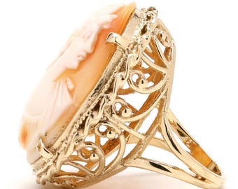 Antique Victorian Style Cameo Ring – Hand-Carved Shell Profile, Solid 14K Gold