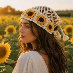 Crochet Sunflower Bandana Pattern | Floral Granny Square Head Scarf Tutorial | Boho Summer Hair Wrap PDF | Festival Kerchief DIY Project
