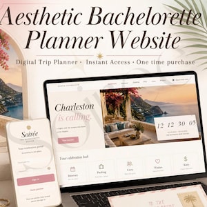 May include: A digital bachelorette planner website displayed on a laptop and smartphone screen. The interface features text including Aesthetic Bachelorette Planner Website, Charleston is calling, Soirée, and various navigation icons for itinerary, packing, and crew.