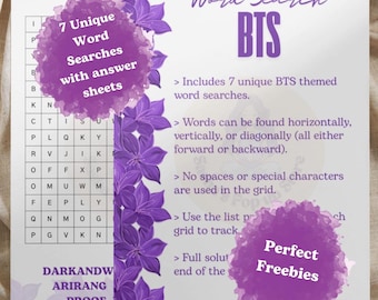 Descarga instantánea digital gratuita de sopa de letras de BTS / 7 rompecabezas temáticos / Edición Arirang Tour 2026 / PDF