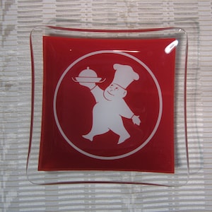 Vintage 1930&#39;s Small Glass Dish with Red and White Painted Graphic Design of Smiling Happy Chef Carrying Dinner Tray While Walking