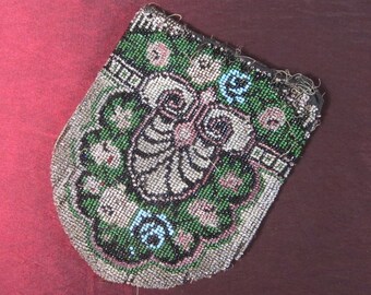 Vintage 1920's Flapper vidrio abalorios bolsa en el patrón geométrico Art Déco clásico, joya tonificada verde, púrpura, plata, negro más