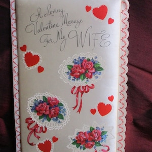 VTG 50s Valentine « For My Wife » Rembourré Satin Sérigraphié Valentines et Bouquets -Très Nice