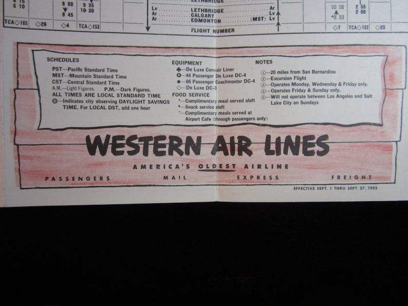Vintage 1952 Western Air Lines Brochure Route Chart Fold Out TriColor