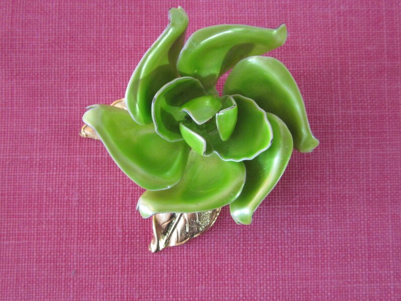 1960's Bright Green Enamel Glazed Floral Brooch with Goldtone Leaves image 1