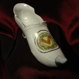 VTG White Porcelain &quot;Newport Mon&quot; Wales Collectible China Shoe with Decal and Gold Trimmings