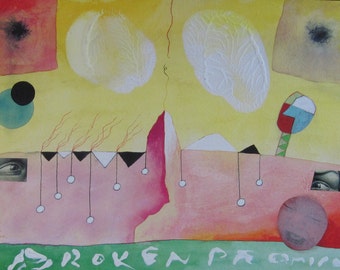 Original July 2000 Roy Henry Gover Painting "Broken Promise" Mixed Media Gouache, Gesso, Collage,  Ink, Painted on 9" X 12" Canson.