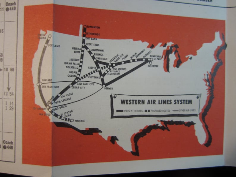 Vintage 1952 Western Air Lines Brochure Route Chart Fold Out TriColor