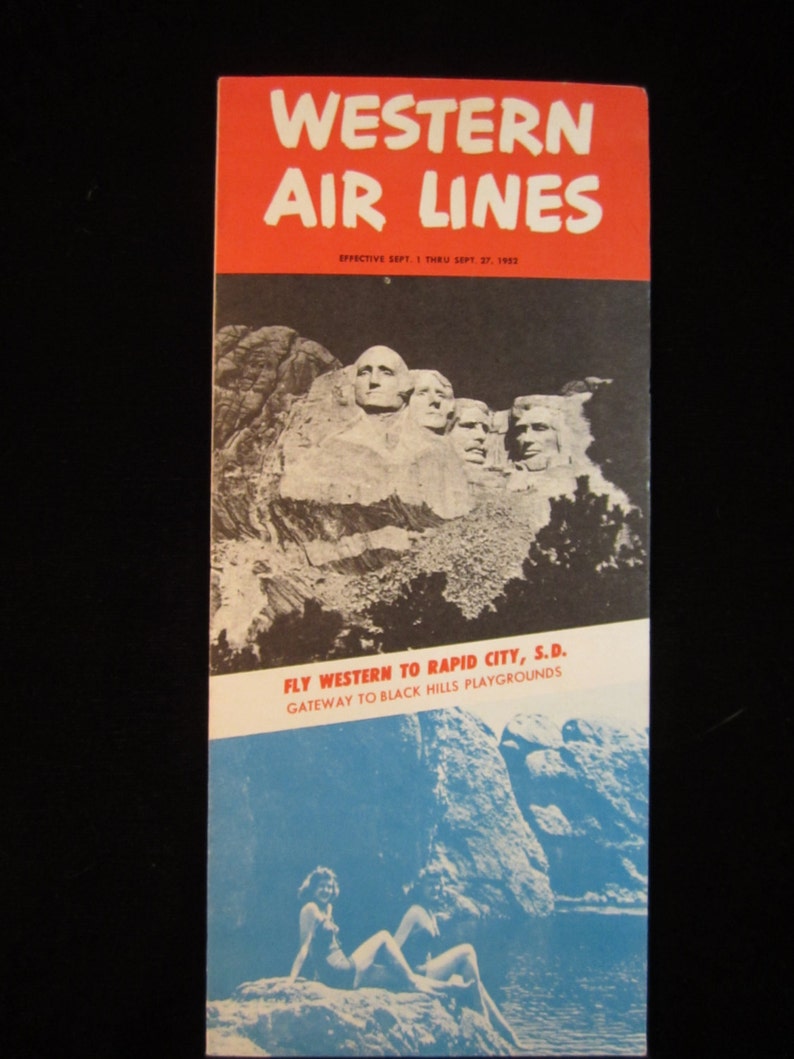 Vintage 1952 Western Air Lines Brochure Route Chart Fold Out TriColor