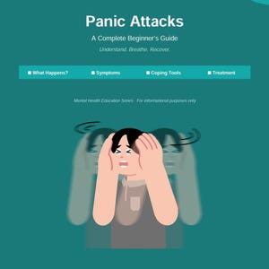 Puede incluir: Ilustración titulada "Ataques de pánico: Una guía completa para principiantes". Muestra a una persona sujetándose la cabeza, con un fondo borroso de otras personas. El texto incluye "Comprender. Respirar. Recuperar."