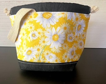 Yellow Daisy Small Drawstring Bag | Drawstring Sac | Project Bag | Knitting Accessories | Drawstring Bag | Sock Sac | Crochet Bag | Yarn