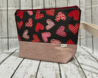 Glitter Hearts Zippered Pouch - Medium Size | Valentines | Project Bag | Knitting | Crochet | Heart | Yarn | Sock Yarn