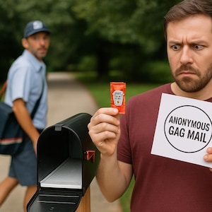 May include: A man holding a ketchup packet and a sign that reads "ANONYMOUS GAG MAIL" next to an open black mailbox. A mail carrier is walking in the background.