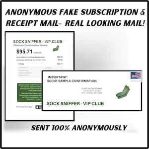 May include: Image of a fake subscription receipt and scent sample confirmation mail. The receipt shows a total of $95.71 for Sock Sniffer VIP Club. The confirmation mail includes a sock graphic and the text "Your Victim's Name".