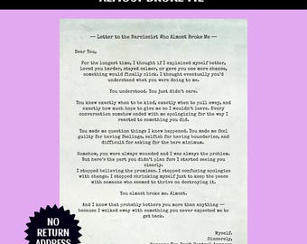 Carta anónima mecanografiada dirigida a un narcisista, carta de despedida enviada por correo (sin remitente).
