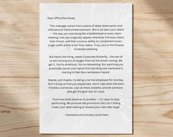 Office Ass-Kisser Letter | Funny Karen Workplace Prank Note | Petty Anonymous Mail | Return Address Unknown