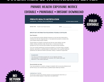 Ocular Herpes Notification Letter Template | Private Health Exposure Notice | Editable Word Document | Printable PDF PNG Download