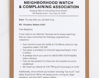 Funny Neighborhood Watch Letter - Gag Gift Prank Mail