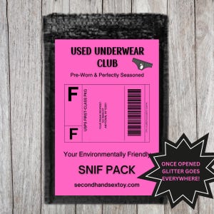 May include: A pink package with the text "USED UNDERWEAR CLUB" and "SNIF PACK". The package includes a shipping label and a warning that glitter will go everywhere when opened. The website secondhandsextoy.com is also visible.